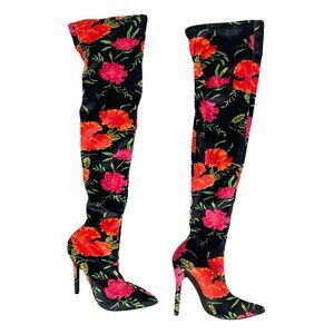 CAPE ROBBIN Boots Black Red Flowers Over the Knee Heels Velour Fabric Size 6 M